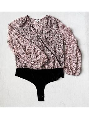 Bar III Floral Bodysuit XL Wrap Surplice Long Sleeve Blouse Pink Black